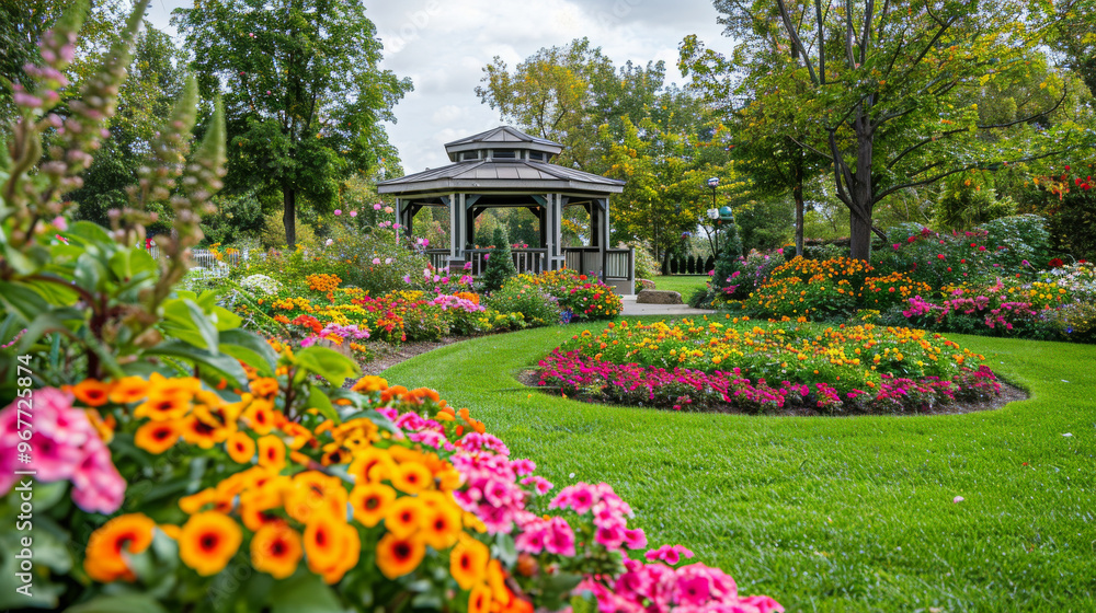 Obraz premium A beautiful garden with a gazebo and a variety of flowers