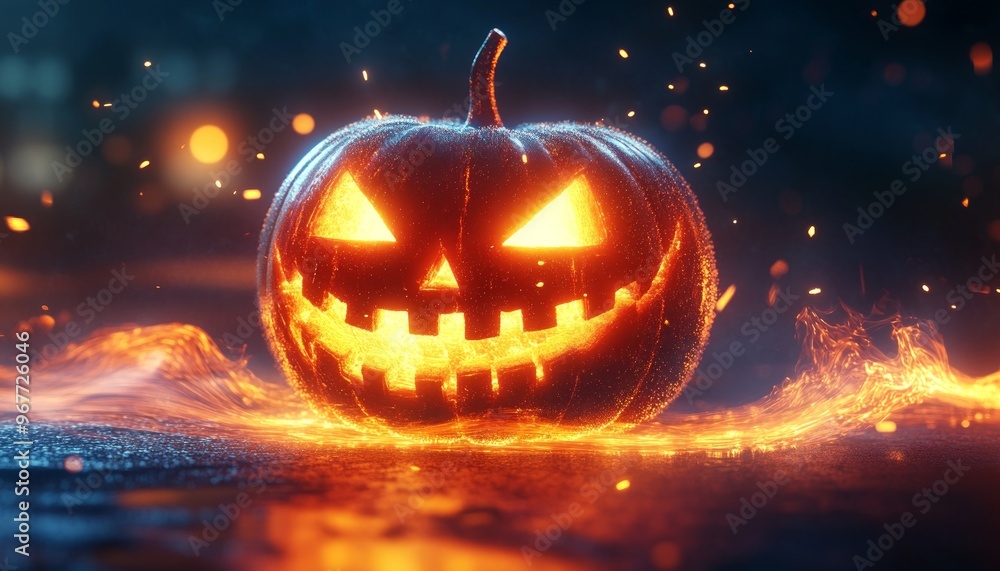 Fototapeta premium Glowing Jack-O-Lantern with Bright Flames in Dark Forest