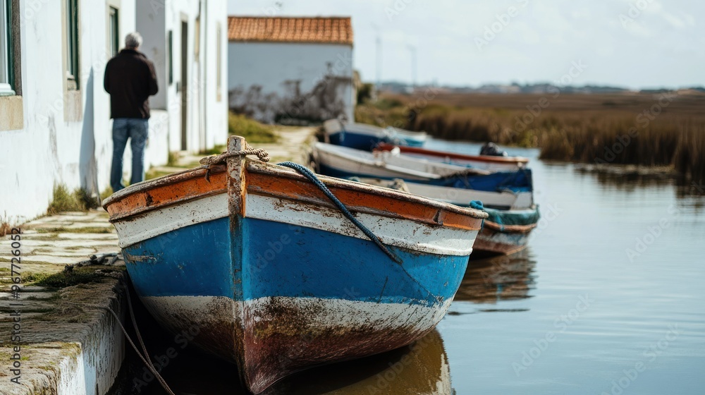 A serene riverside scene with colorful boats and a person enjoying the view.