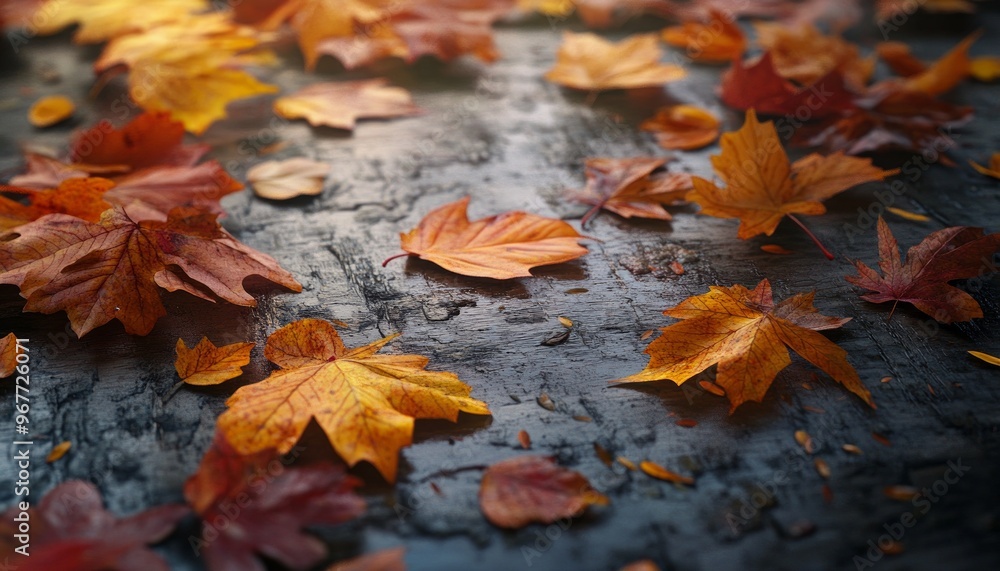 Colorful Autumn Leaves Scattered on Wooden Table in Sunlight Colorful Autumn Leaves Scattered on Wooden Table in Sunlight