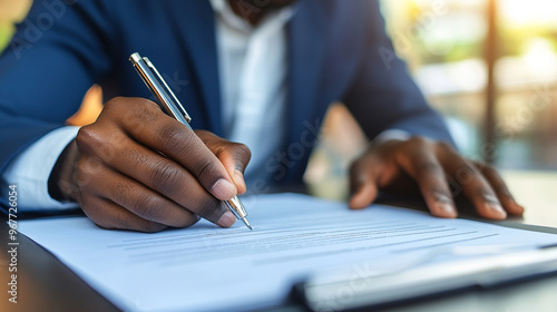 lawyer in a professional setting signing a business contract, symbolizing legal agreements and formal business transactions