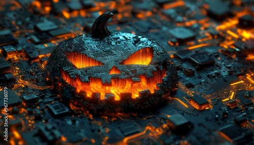 Futuristic Jack-O-Lantern with Neon Lights in Dark Cyberpunk Environment photo