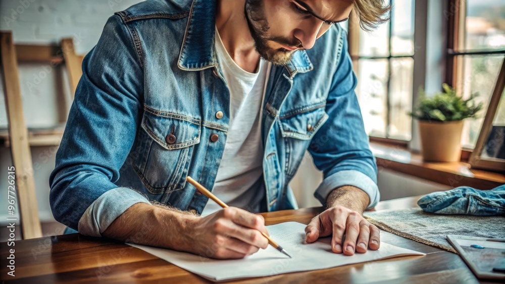A casually dressed individual with a pencil in hand meticulously draws a detailed sketch on paper while wearing A casually dressed individual with a pencil in hand meticulously draws a detailed sketch on paper while wearing