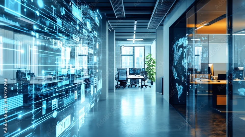 Modern office hallway with digital data overlay, showcasing connectivity and innovation. Modern office hallway with digital data overlay, showcasing connectivity and innovation.