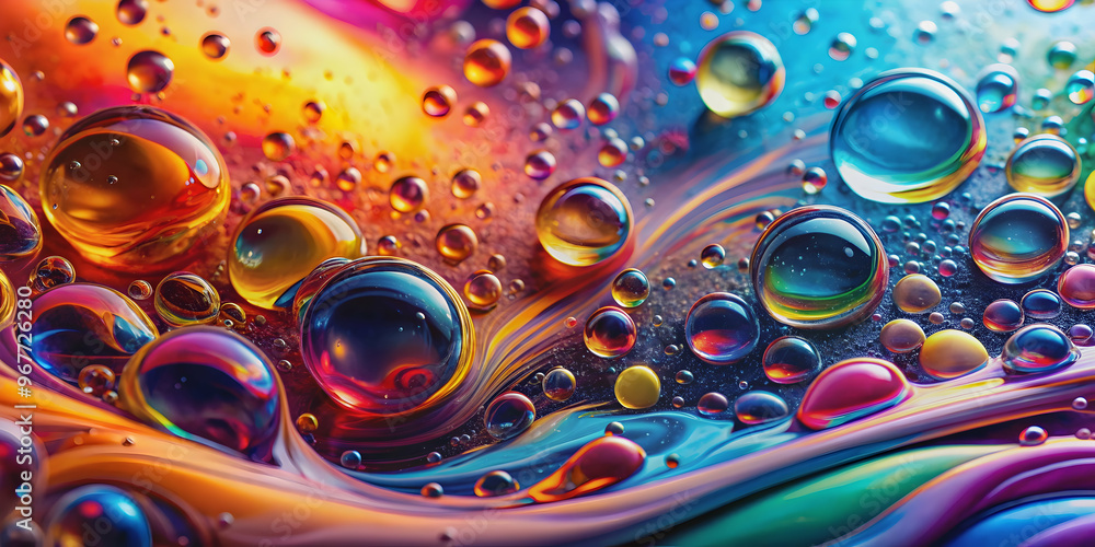 Close-up of vibrant abstract liquid background with droplets, splashes, and bubbles , bright, abstract, colorful, liquid Close-up of vibrant abstract liquid background with droplets, splashes, and bubbles , bright, abstract, colorful, liquid