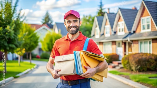 A cheerful postal worker in a bright uniform holds a large bundle of colorful envelopes and packages, standing photo