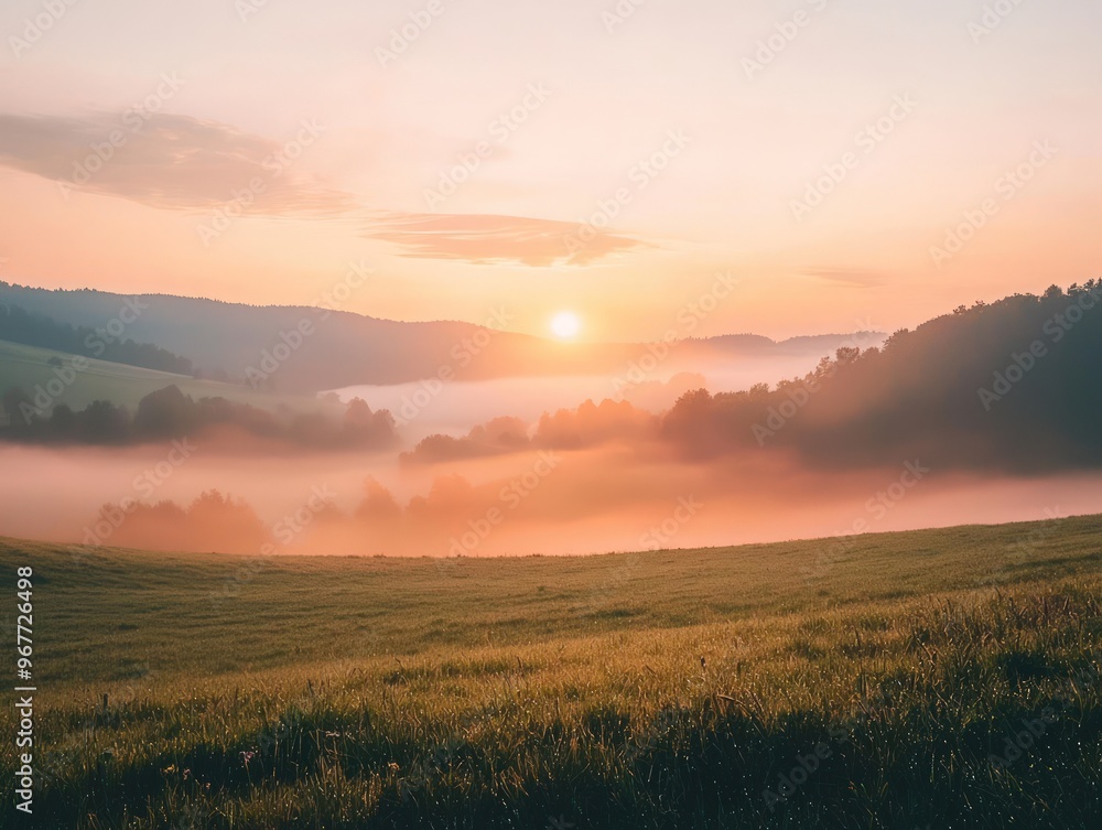 Sunrise breaking through morning fog over rolling hills, foggy weather, peaceful dawn Sunrise breaking through morning fog over rolling hills, foggy weather, peaceful dawn