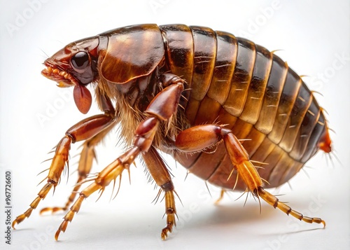 A close-up magnified view of a flea, showcasing its shiny black body, distinctive jumping legs, and tiny mouthparts