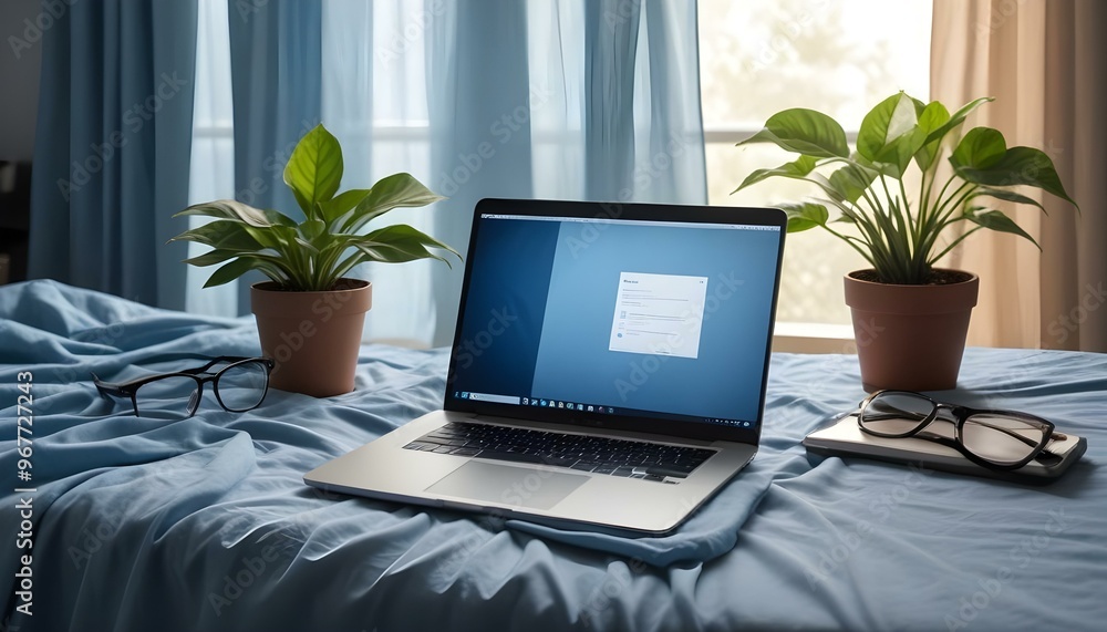 Laptop; digital tablet; spectacles and cup on bed Laptop; digital tablet; spectacles and cup on bed