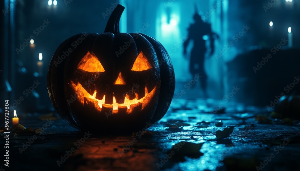 Scary Halloween Decoration with Glowing Jack-O-Lantern and Dark Atmosphere Scary Halloween Decoration with Glowing Jack-O-Lantern and Dark Atmosphere