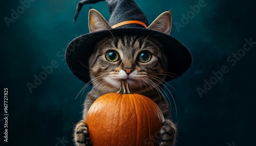 Cute Halloween Cat Wearing a Witch Hat with Pumpkin