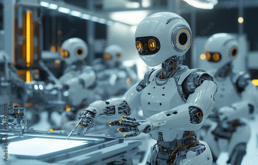 Fototapeta premium Industrial robot assembly line manufacturing parts, robotics instructor leading training course, precision engineering site.