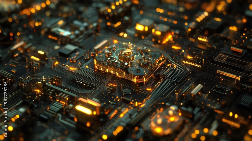 Obraz premium Close up of a glowing circuit board with a central processor.