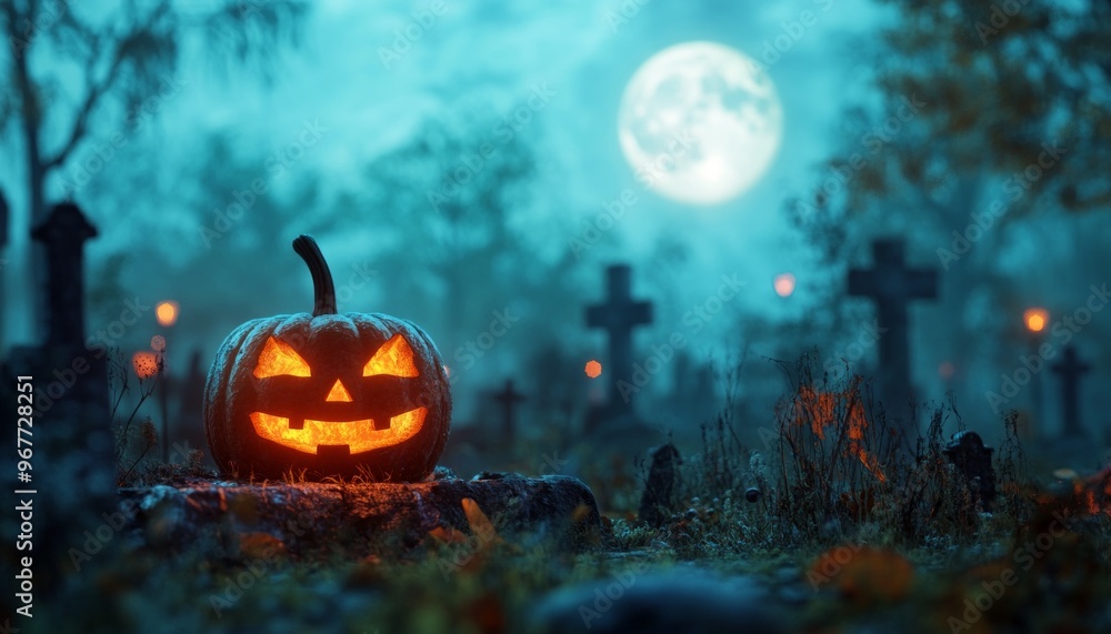 Fototapeta premium Halloween Jack-O-Lantern in Dark Forest with Glowing Eyes and Eerie Atmosphere