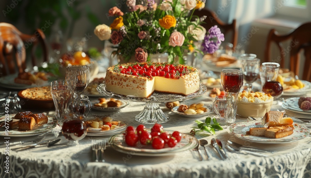 Table Set for Shavuot Feast with Various Dishes and Fresh Fruits Table Set for Shavuot Feast with Various Dishes and Fresh Fruits