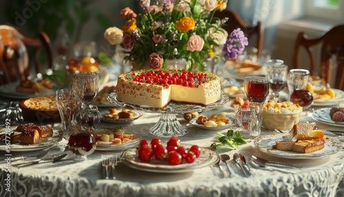 Table Set for Shavuot Feast with Various Dishes and Fresh Fruits