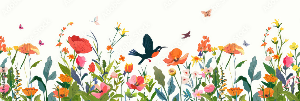 A lively garden bursts with various flowers, butterflies, and a bird, illustrating the splendor of nature during springtime A lively garden bursts with various flowers, butterflies, and a bird, illustrating the splendor of nature during springtime