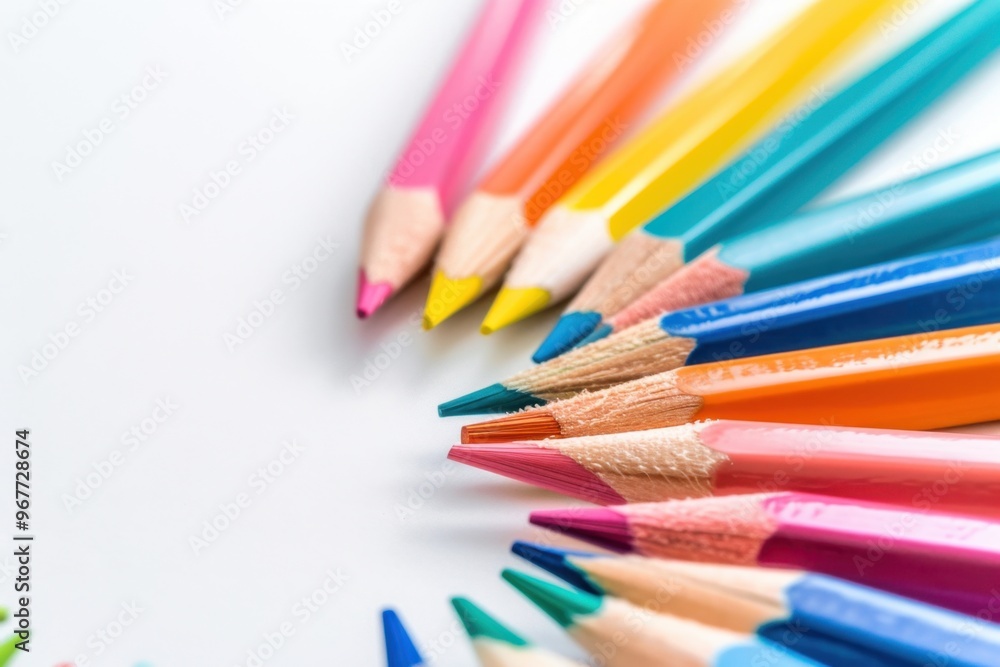 Rainbow of Creativity - Colorful Pencils Arranged in Fan Shape on White Background Rainbow of Creativity - Colorful Pencils Arranged in Fan Shape on White Background