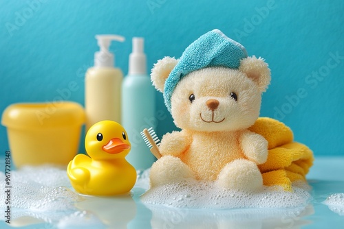 Children's bath accessories. Baby care. Bear with a towel on his head, a brush and bottles of shampoo. A miniature bubble bath and a yellow rubber duckling for bathing.