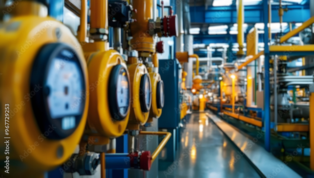 Fototapeta premium Blurred factory floor with metal pipes, machinery, and equipment,technological unit with many sensors,indicators and valves.