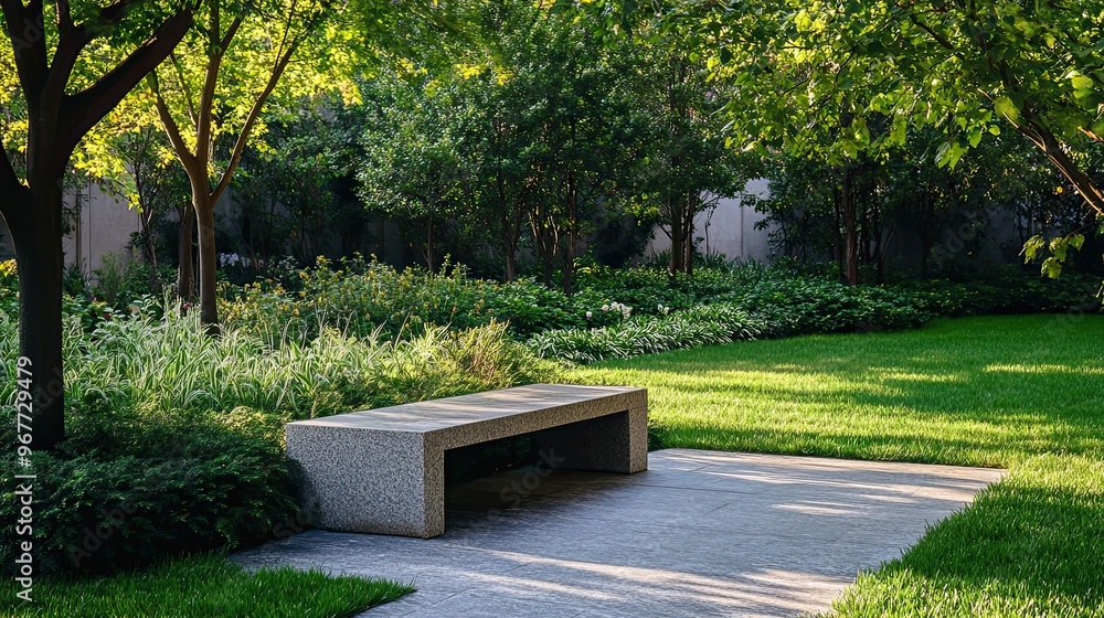 Fototapeta premium A Stone Bench in a Lush, Green Garden