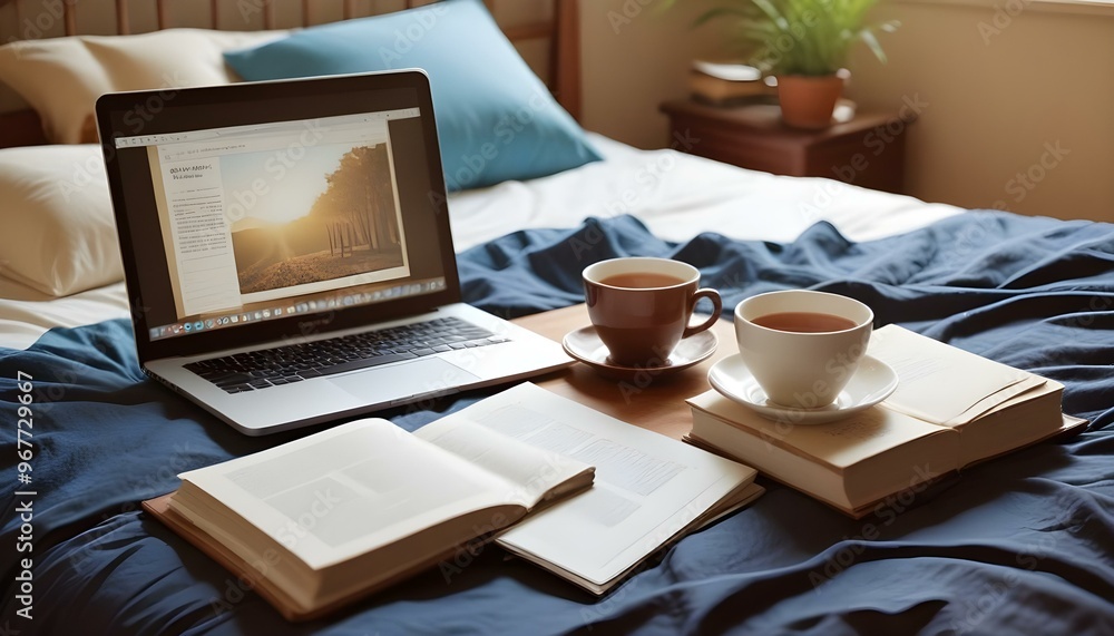 Laptop; digital tablet; spectacles and cup on bed Laptop; digital tablet; spectacles and cup on bed