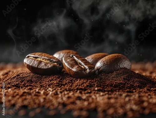 Wallpaper Mural coffee beans with ground coffee on black background Torontodigital.ca