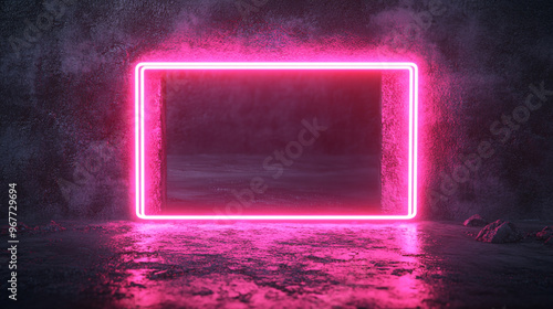 Neon rectangular frame glowing on a dark wall in an atmospheric space, surrounded by mist and reflections