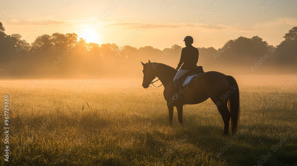 A person is riding a horse in a field with a foggy atmosphere. The horse is brown and the rider is wearing a helmet. The scene is peaceful and serene, with the fog adding a sense of mystery A person is riding a horse in a field with a foggy atmosphere. The horse is brown and the rider is wearing a helmet. The scene is peaceful and serene, with the fog adding a sense of mystery