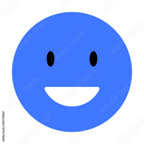 Simple blue smiling face with black eyes and wide smile. Ideal for expressing happiness, positivity, friendliness, digital communication, social media. Basic, friendly, vector.