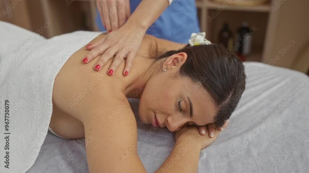 A woman enjoys a relaxing back massage from a therapist in an indoor spa setting, highlighting wellness and beauty. A woman enjoys a relaxing back massage from a therapist in an indoor spa setting, highlighting wellness and beauty.