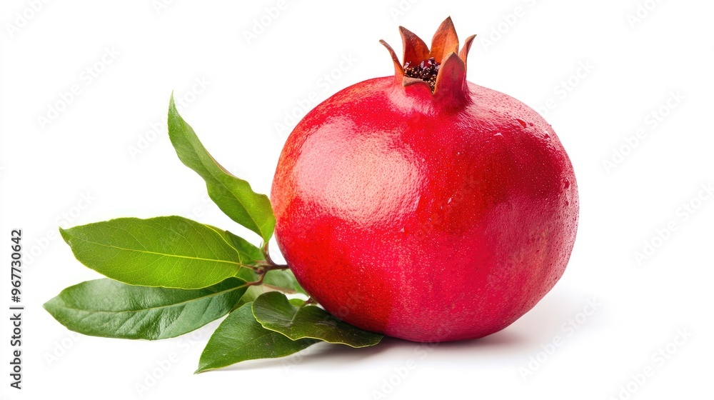 Vibrant red pomegranate with leaves, isolated on white, showing the rich color and freshness Vibrant red pomegranate with leaves, isolated on white, showing the rich color and freshness