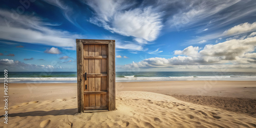 A rustic wooden door standing alone on a sandy beach , beach, ocean, entrance, mysterious, vintage, weathered, isolated