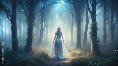 Ethereal figure roaming through twilight forests in a documentary style , harmony, coexistence, ethereal, figure, roam photo