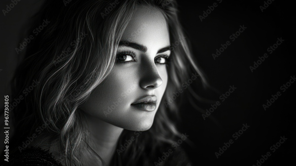 A striking black-and-white portrait of a young woman, showcasing her expressive features. A striking black-and-white portrait of a young woman, showcasing her expressive features.
