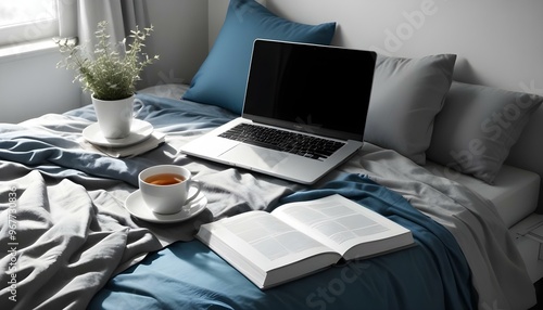 Laptop; digital tablet; spectacles and cup on bed