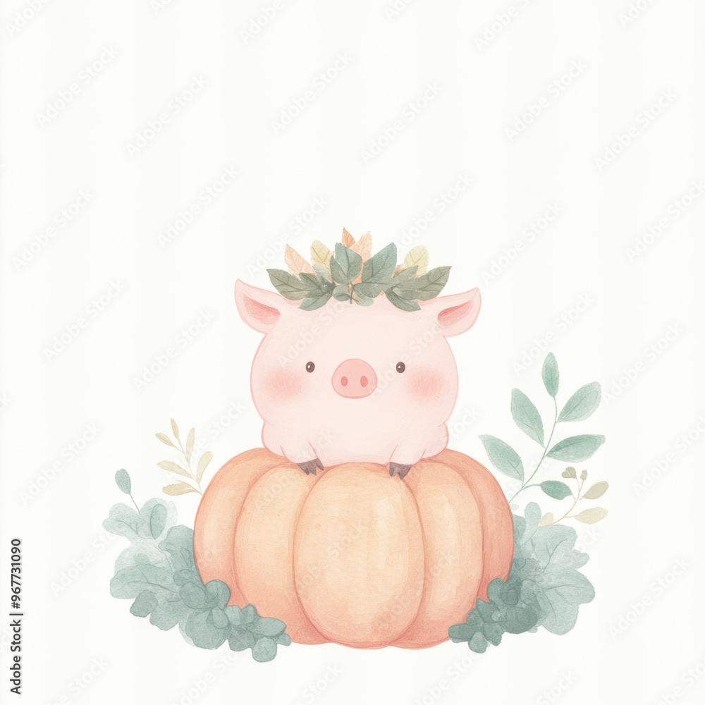 Obraz premium Cute Pig on Pumpkin.