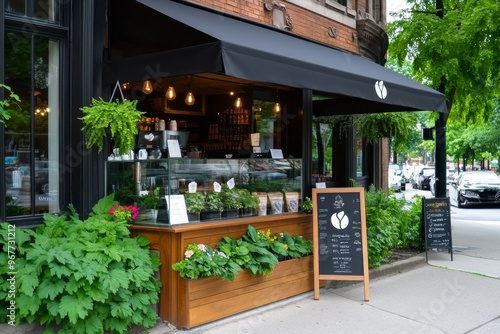 A custom awning at a coffee shop, with the shopâ€™s logo printed on it, creating a distinct identity in the neighborhood photo