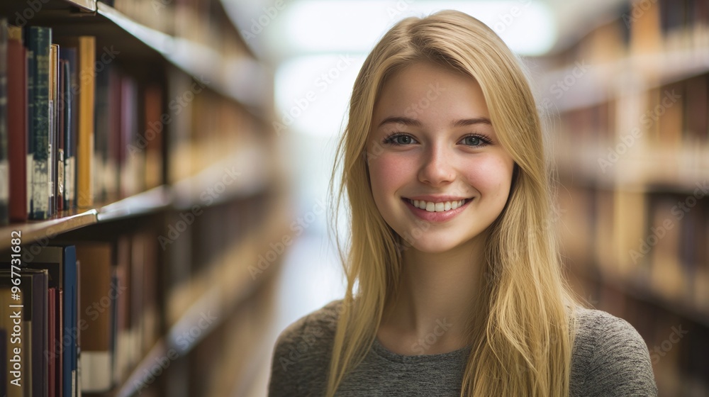 young blonde woman in a library aisle, reflecting her joyful attitude and intellectual curiosity in an academic setting young blonde woman in a library aisle, reflecting her joyful attitude and intellectual curiosity in an academic setting