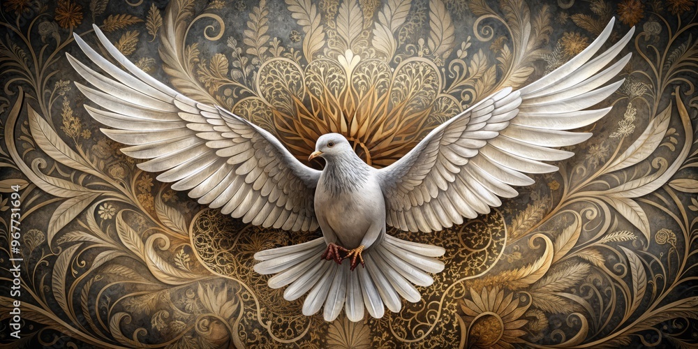 A delicate, grayscale dove perches on a shoulder, wings outstretched, amidst intricate, swirling patterns and foliage, A delicate, grayscale dove perches on a shoulder, wings outstretched, amidst intricate, swirling patterns and foliage,