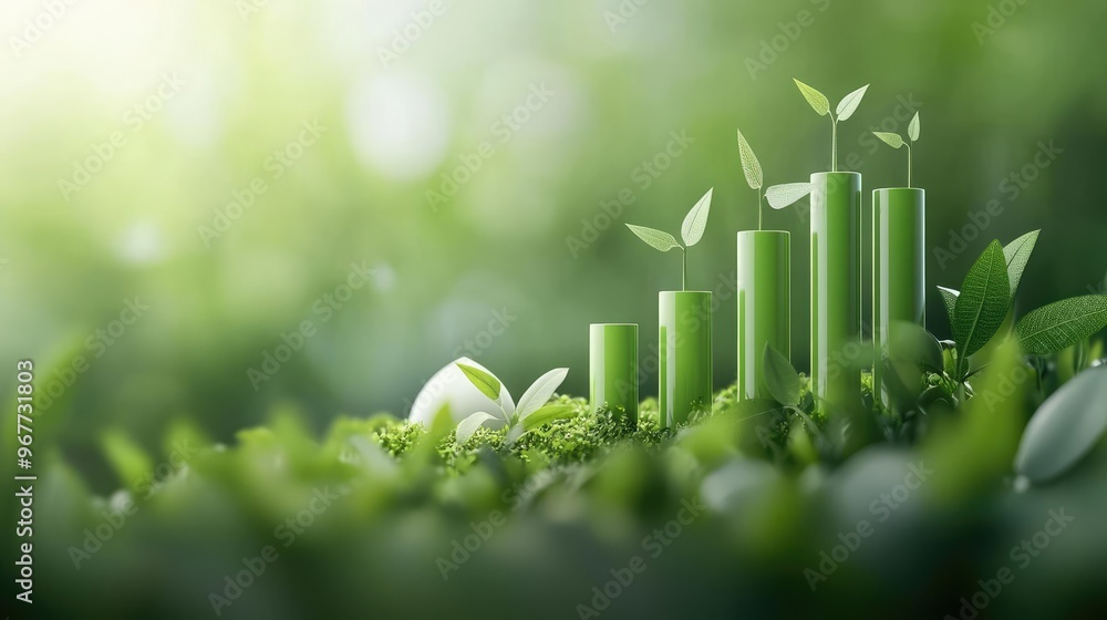 A vibrant green scene showcasing growth with plants and bars representing environmental progress and sustainability.