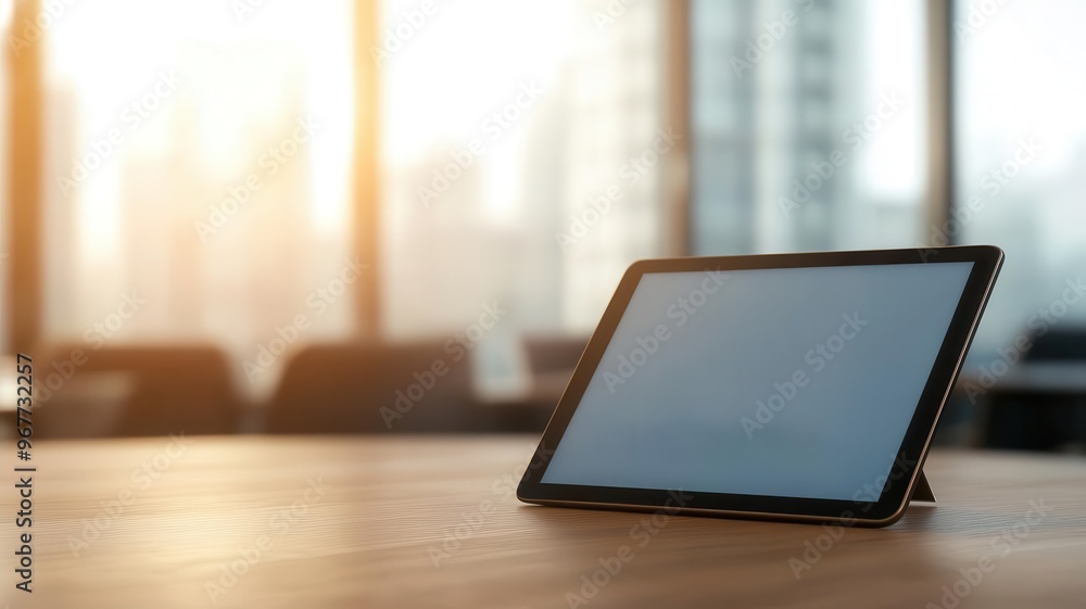 Closeup of a digital tablet showing a business growth graph, with meeting room setting in the background, business technology, financial growth Closeup of a digital tablet showing a business growth graph, with meeting room setting in the background, business technology, financial growth