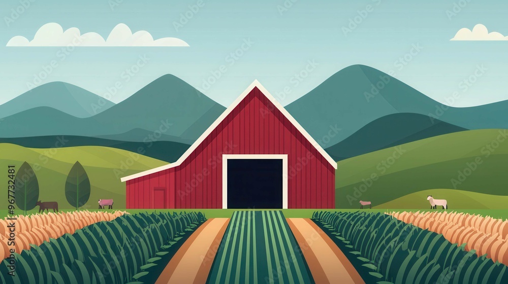 Fototapeta premium A vibrant rural landscape featuring a red barn, green fields, and rolling hills under a clear blue sky, ideal for nature-themed projects.