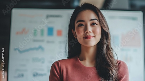 Free Download young businesswoman in a corporate team meeting, confidently contributing to discussions with a whiteboard full of charts in the background for planning - GFXLoad