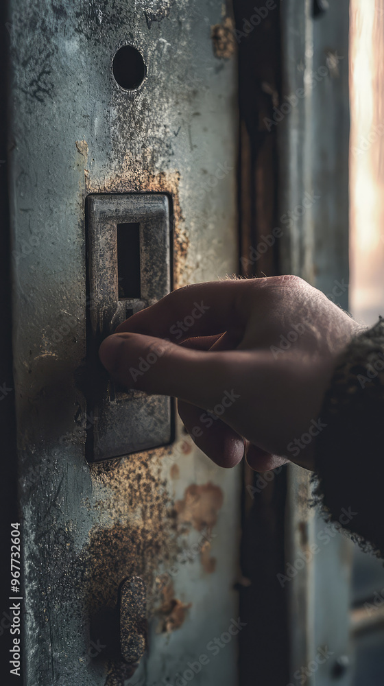 A close up of persons hand holding safety switch on weathered door, showcasing intricate details of rust and wear. image evokes sense of nostalgia and curiosity A close up of persons hand holding safety switch on weathered door, showcasing intricate details of rust and wear. image evokes sense of nostalgia and curiosity