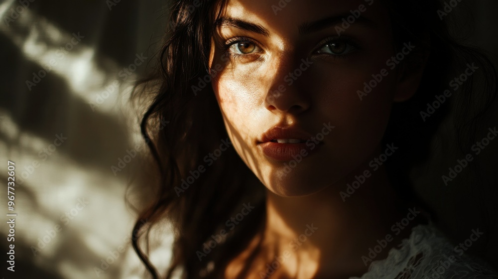 A close-up portrait of a young woman with soft lighting and shadows across her face. A close-up portrait of a young woman with soft lighting and shadows across her face.