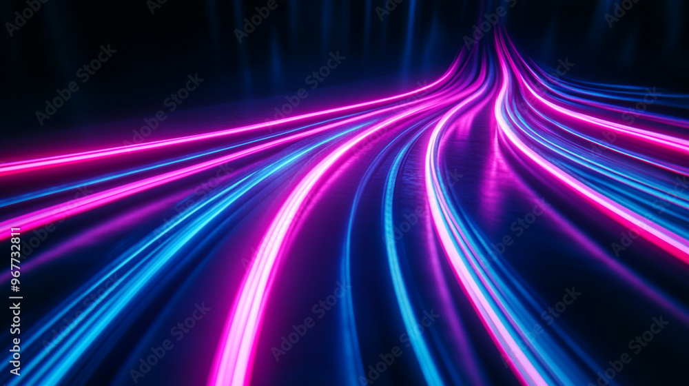 Vibrant neon light trails create a dynamic pathway in a futuristic landscape at night Vibrant neon light trails create a dynamic pathway in a futuristic landscape at night