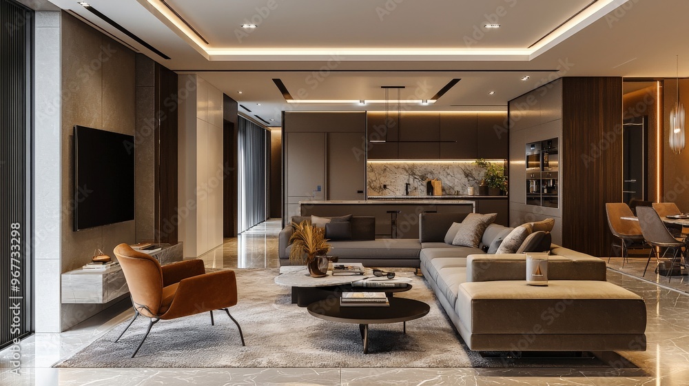 Fototapeta premium Open-plan modern interior with luxurious furnishings and ambient lighting