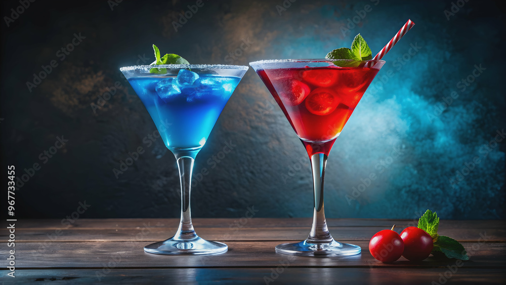 Two vibrant cocktails, one blue and one red , vibrant, cocktails, blue, red, drinks, alcohol, refreshing, colorful Two vibrant cocktails, one blue and one red , vibrant, cocktails, blue, red, drinks, alcohol, refreshing, colorful