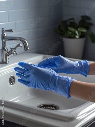 A person wearing blue gloves above a white sink in a clean, tiled kitchen perfect for kitchen cleaning, hygiene, household cleaning supplies, and sanitation-related topics, photo